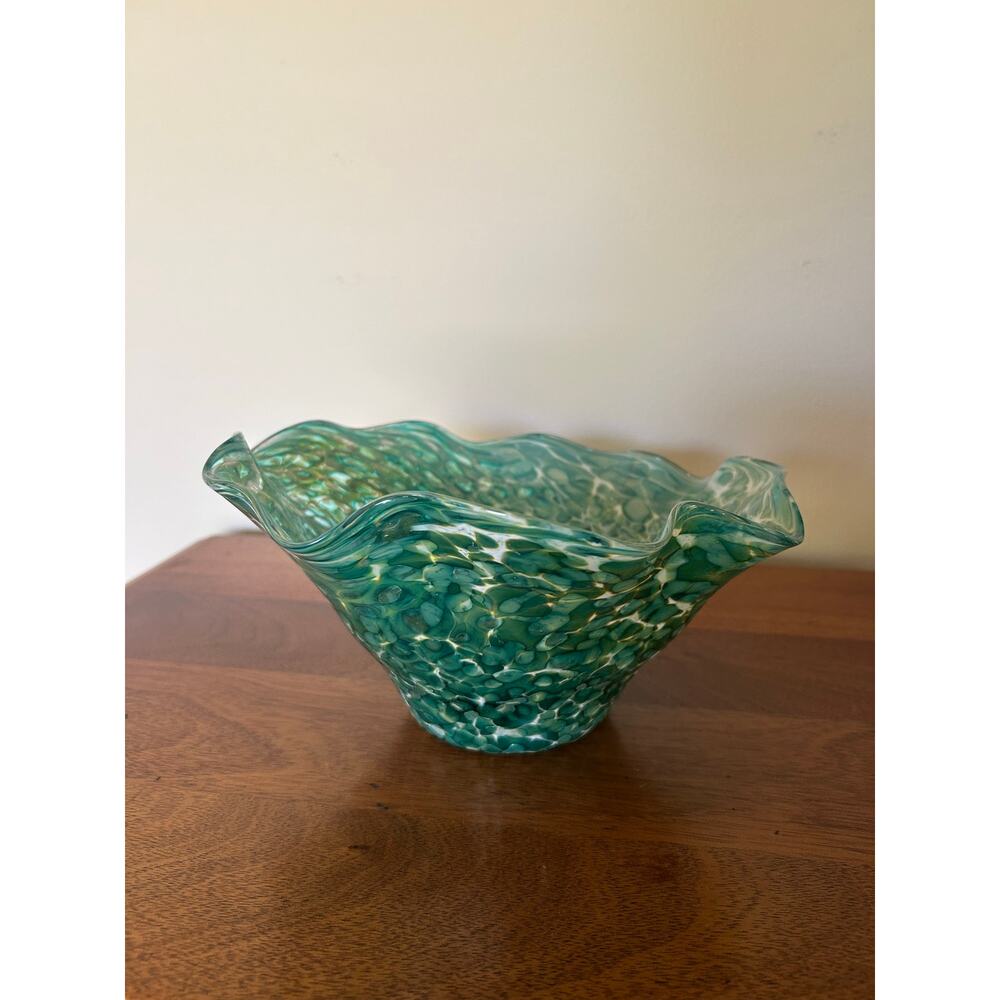 Art Glass Bowl-Green & Teal, Ruffled Edge, Textured Studio Glass